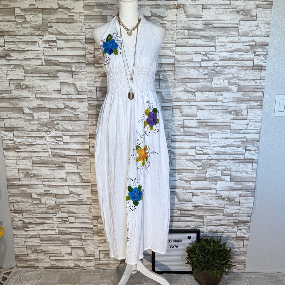 White Floral Halter Maxi Dress - White with Blue and Yellow Floral Accents